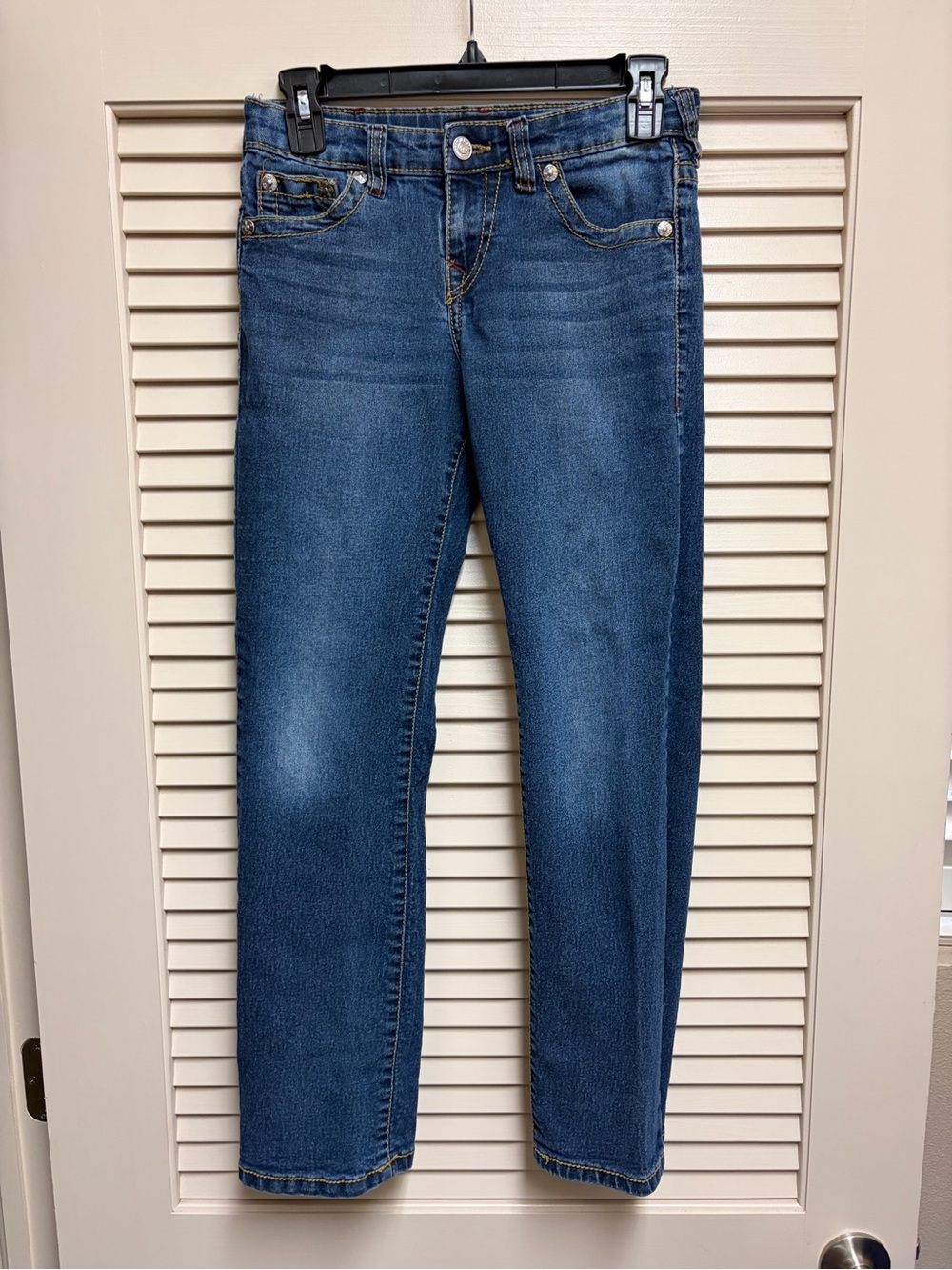 True Religion Ricky Relaxed Straight Jeans Women Size 12 Blue Stretch Denim